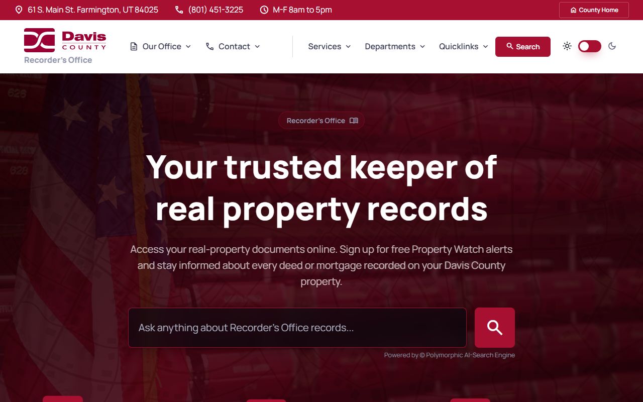 Davis County Recorder website showing property records search for Davis County public records