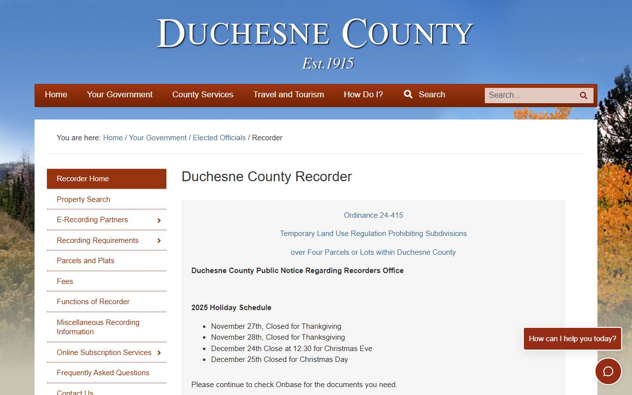 Duchesne County Recorder website showing property records for Duchesne County public records