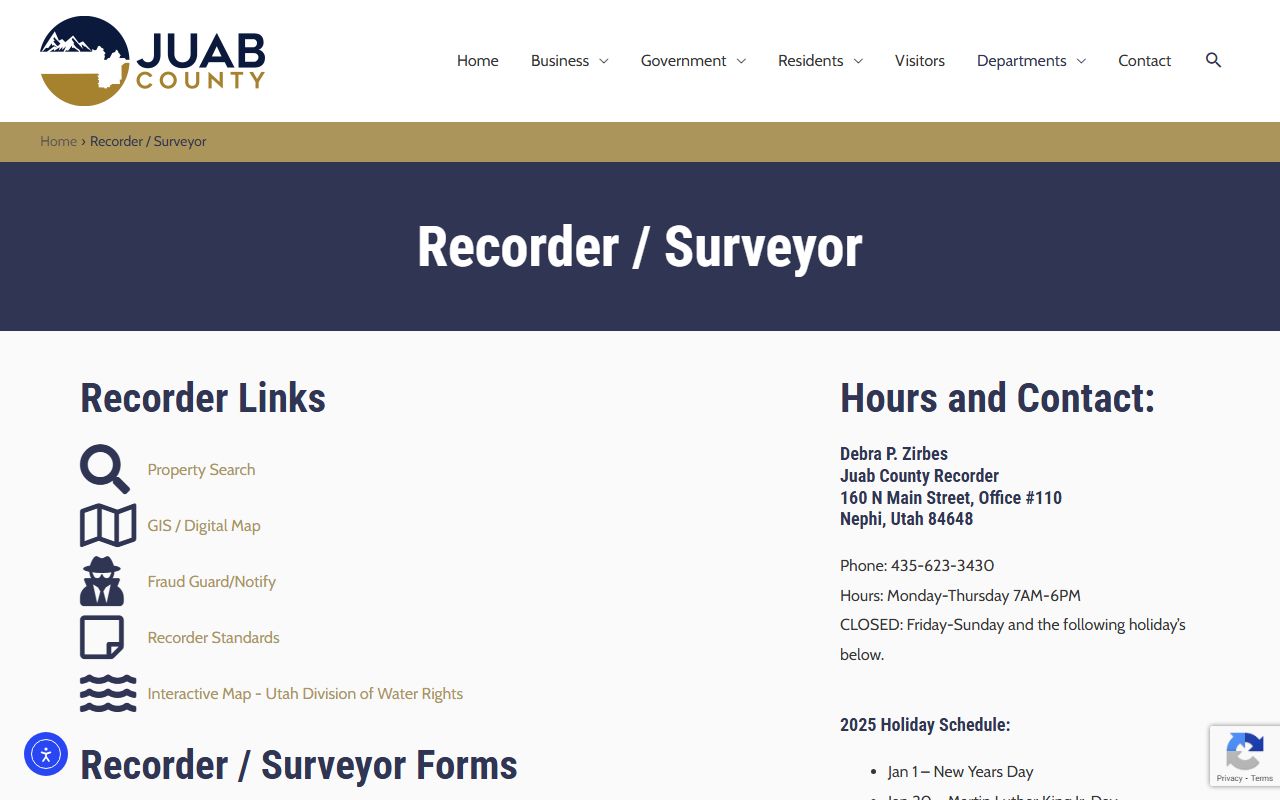 Juab County Recorder website showing property records search for Juab County public records