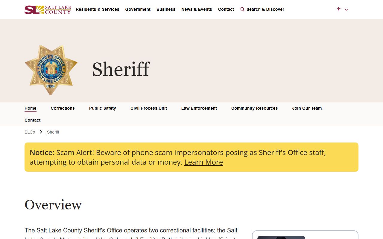 Salt Lake County Sheriff website showing jail roster and law enforcement records