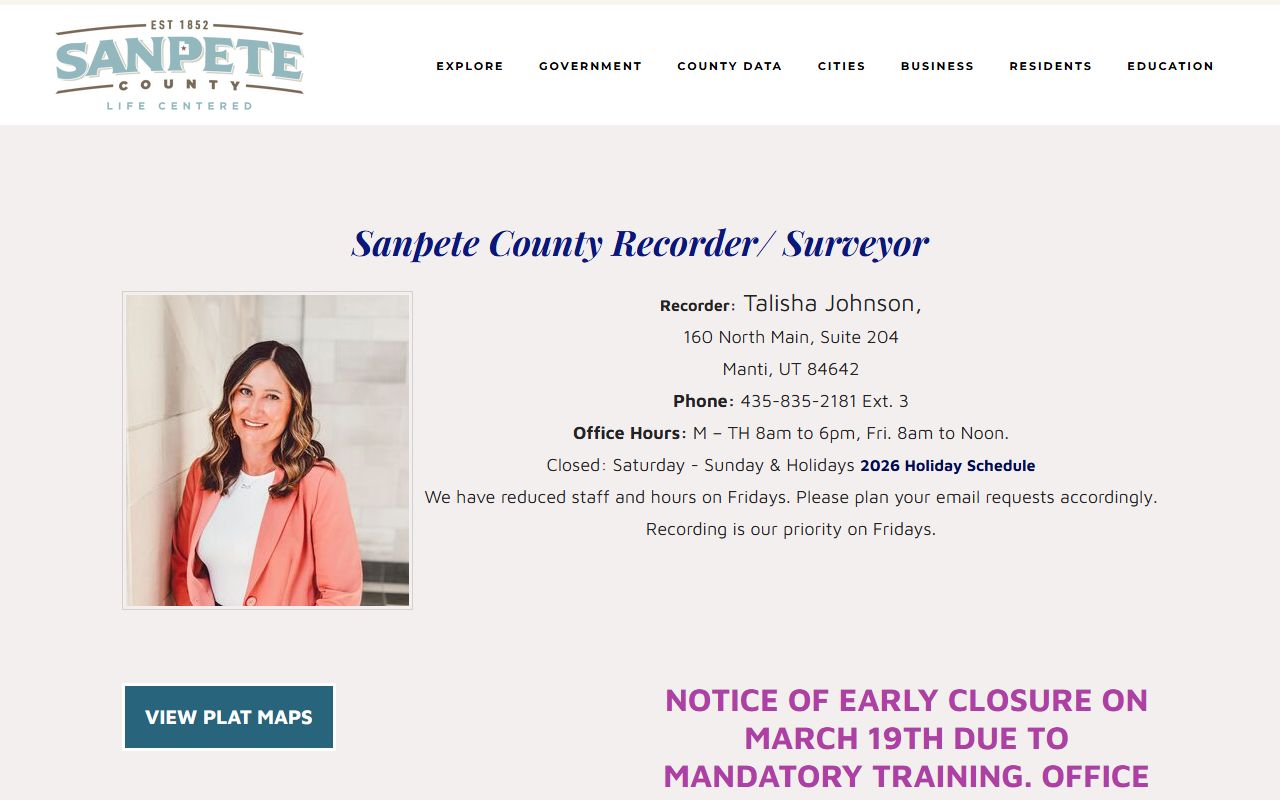 Sanpete County Recorder's Office public records page in Manti Utah