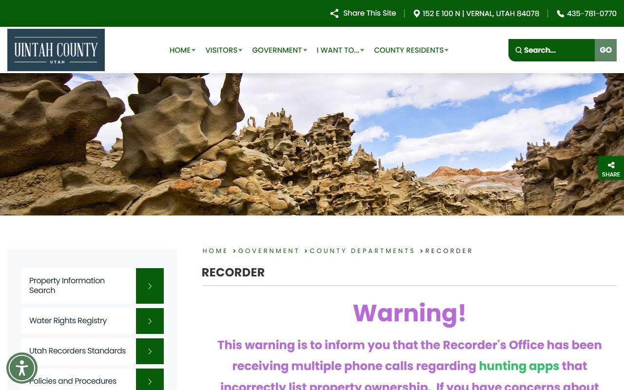 Uintah County Recorder website showing property records for Uintah County public records