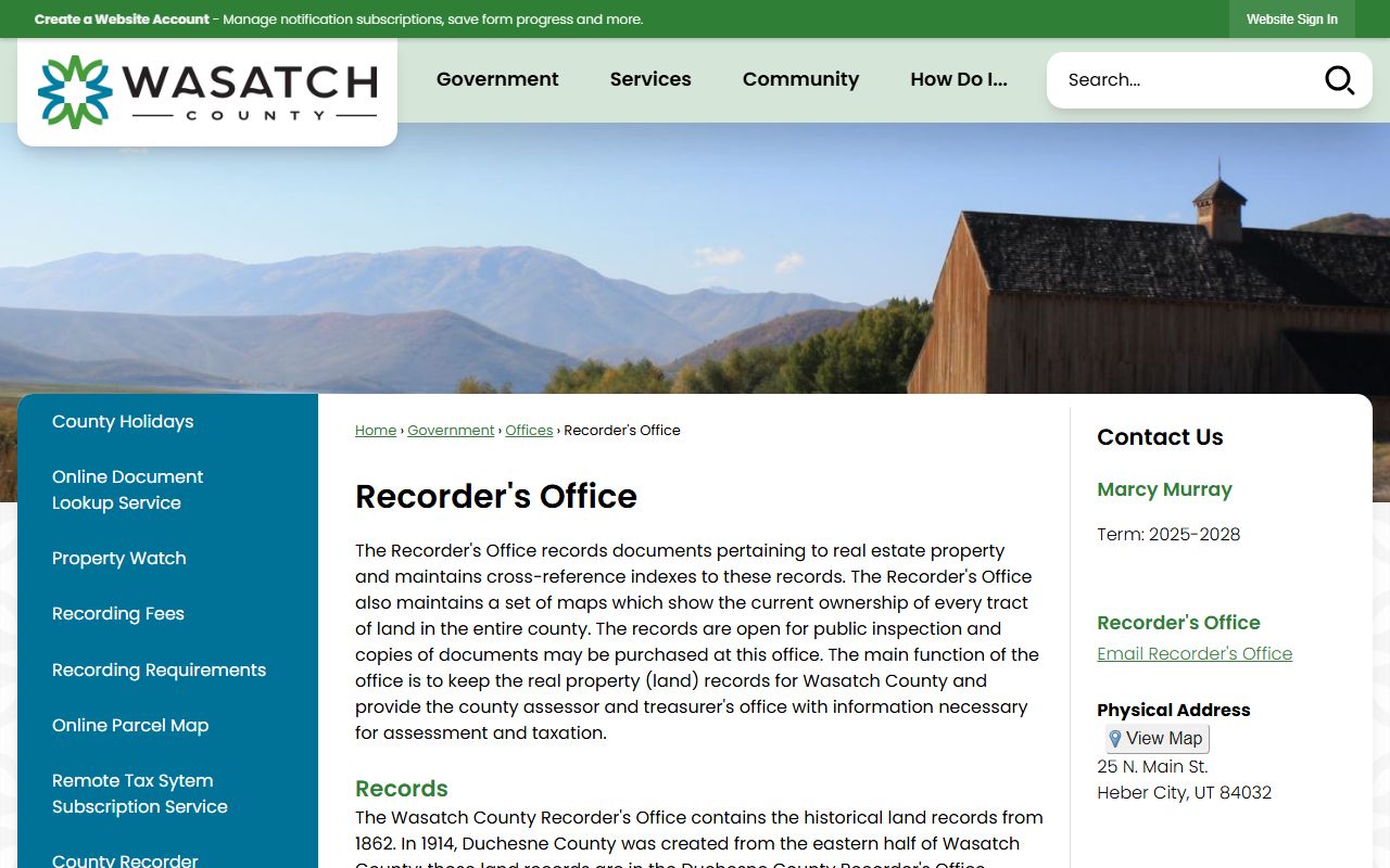 Wasatch County Recorder website showing property records for Wasatch County public records