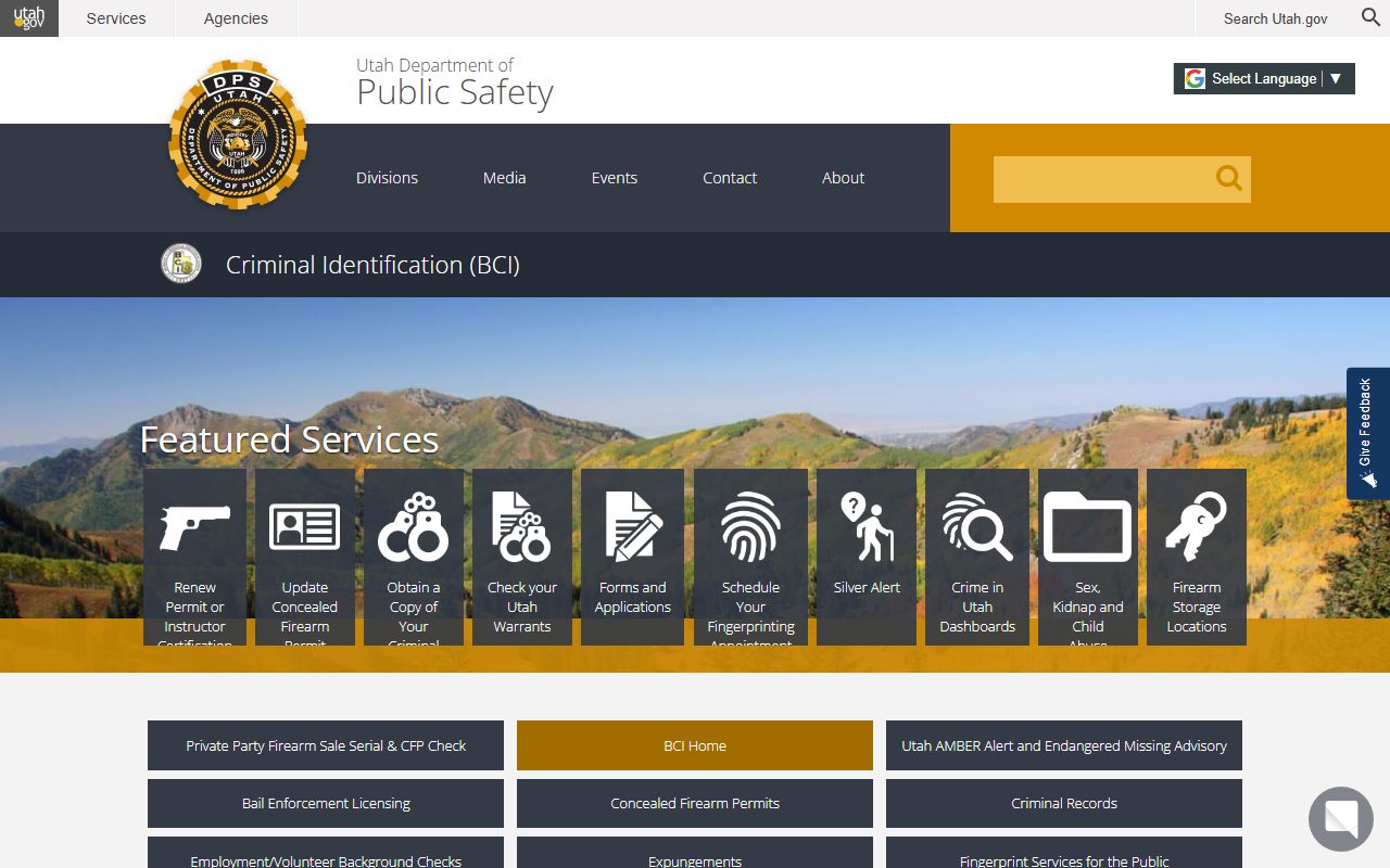 Utah Bureau of Criminal Identification website showing criminal history request options