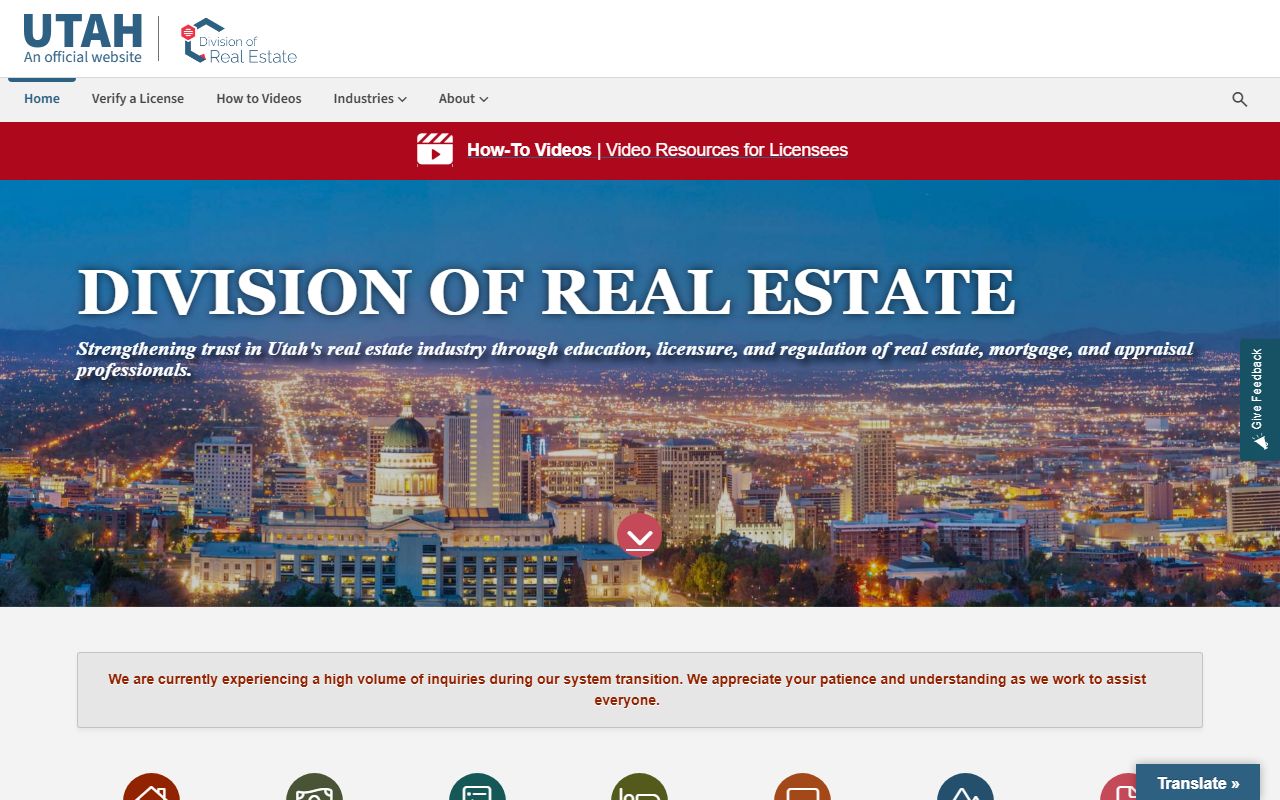 Utah Division of Real Estate website showing license verification and disciplinary records