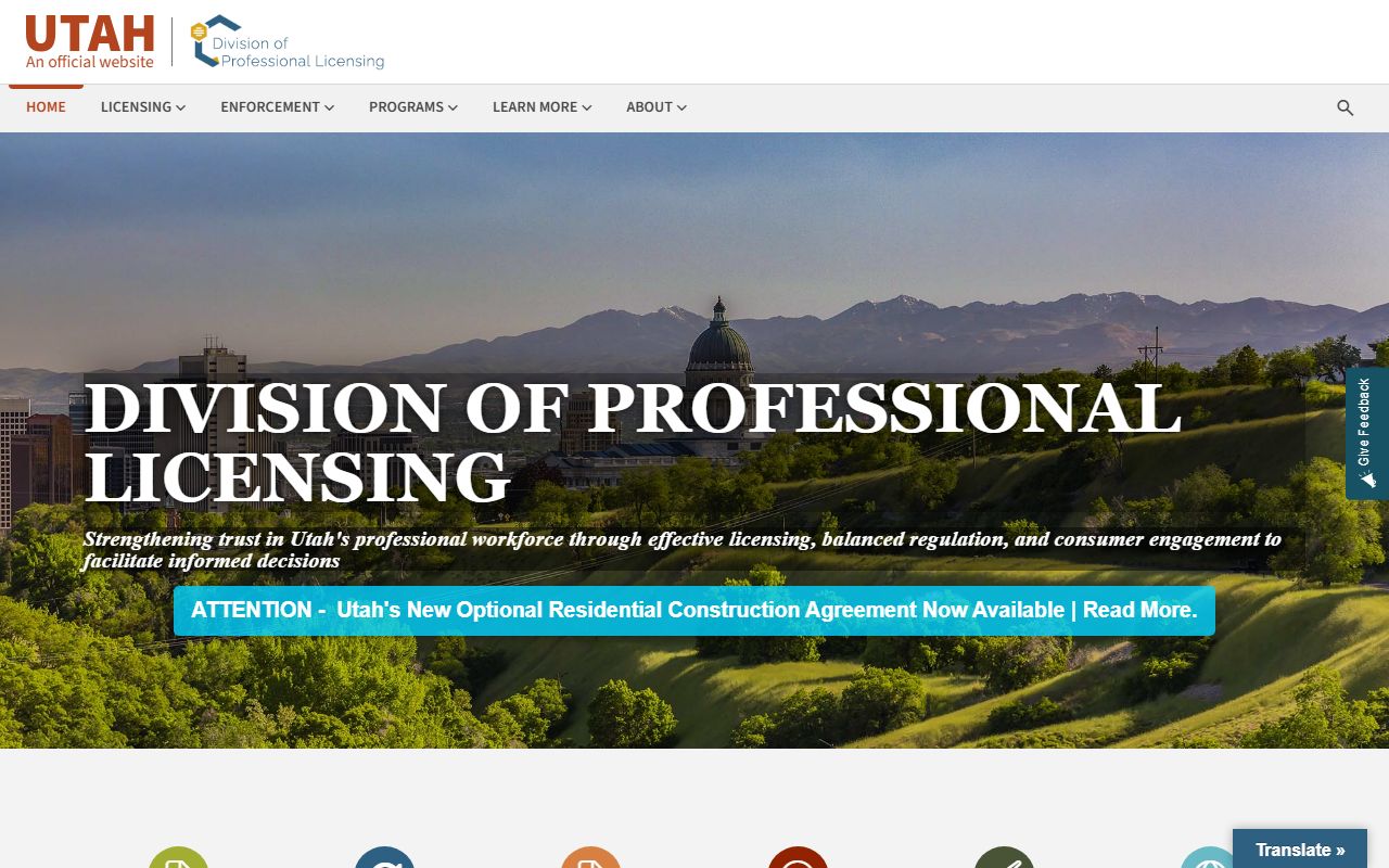 Utah DOPL licensing website showing professional license verification search