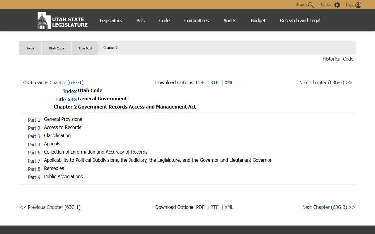 Utah GRAMA statutes page on the Utah State Legislature website showing public records law