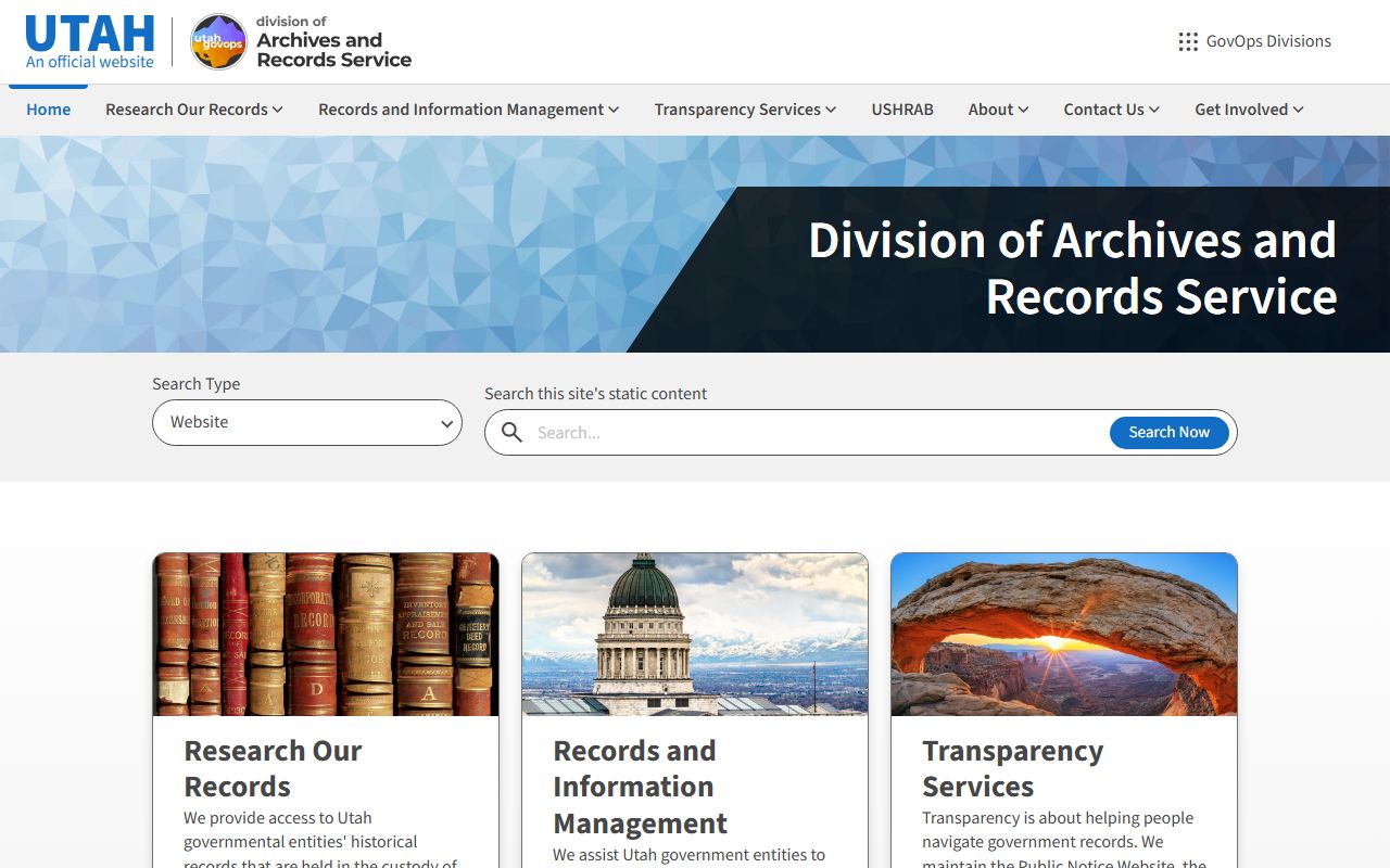 Utah State Archives website showing historical records collections and research resources